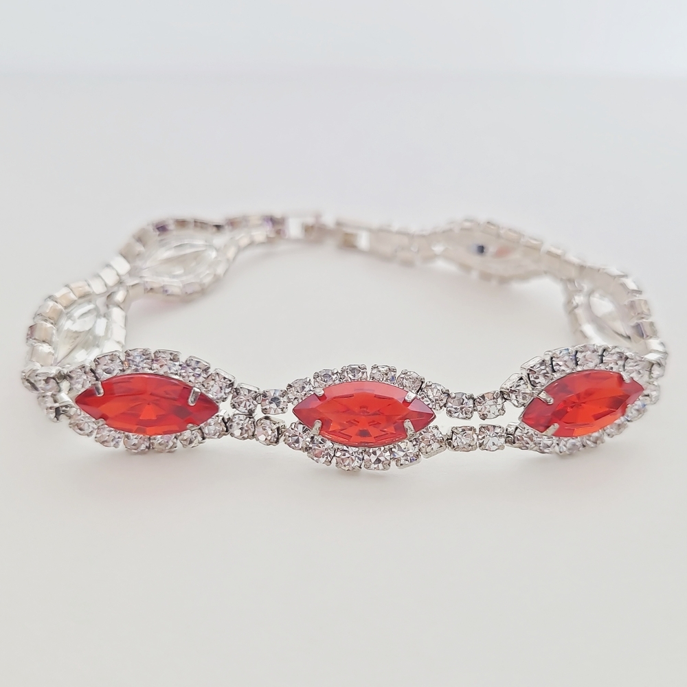 Red Marquise Rhinestone Tennis Bracelet Silver Tone Statement Vintage Style - Picture 2 of 9